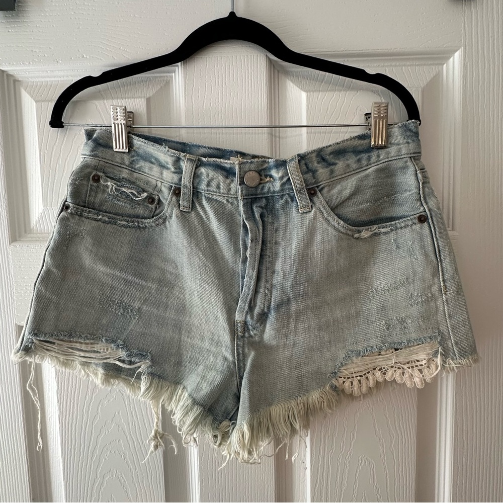 We The Free Free People Light Blue Jean Shorts with Lace